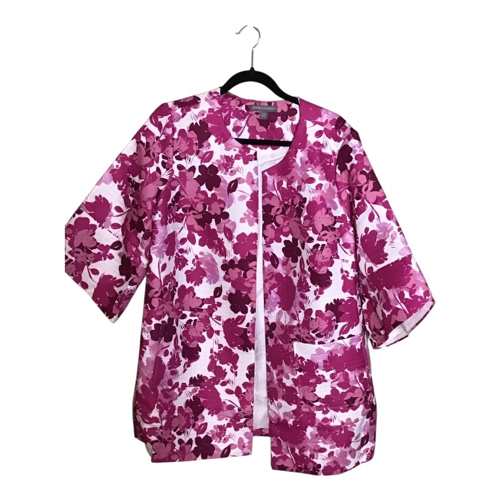 Jessica London Pink/White Floral Tulip Sleeve Textured open Front Blazer Sz. 16W